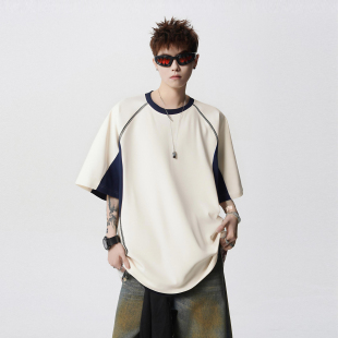 悟空有货夏季 T恤男潮牌bf慵懒风情侣休闲百搭tee 撞色拼接圆领短袖