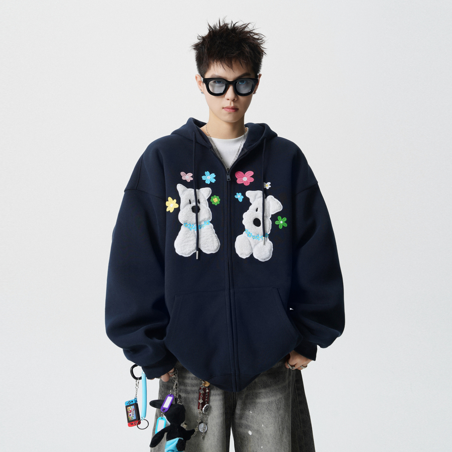 美式小狗刺绣开衫连帽卫衣外套男