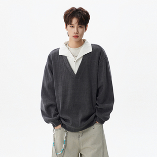 悟空有货美式 复古宽松情侣百搭上衣 潮牌假两件肌理感卫衣男女春季