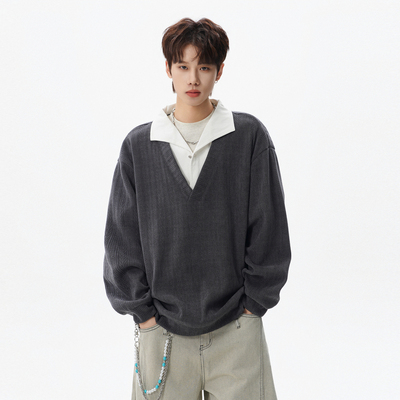 美式潮牌假两件肌理感卫衣男女