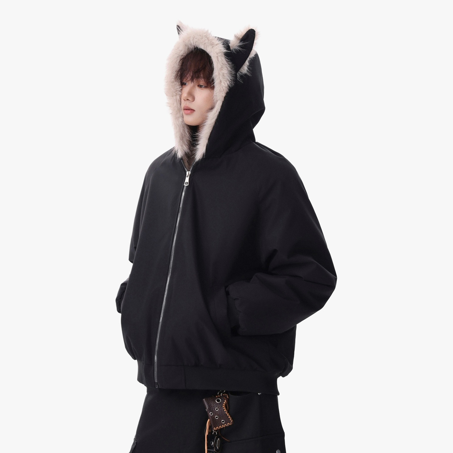 冬季可爱猫耳朵毛绒连帽棉服外套