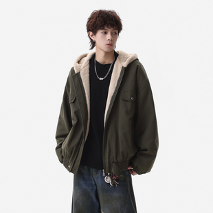 悟空有货冬季 外套 复古仿兔毛绒连帽棉衣男潮牌宽松加厚座山雕工装