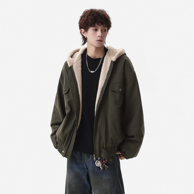 冬季复古仿兔毛连帽棉衣男潮牌