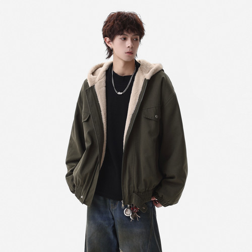 冬季复古仿兔毛连帽棉衣男潮牌