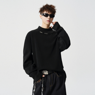 悟空有货街头金属标半高领德绒长袖T恤男潮牌宽松加绒加厚打底衫