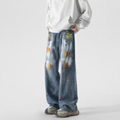 悟空有货潮牌设计感泼墨涂鸦宽松直筒牛仔裤 男嘻哈街头休闲阔腿裤