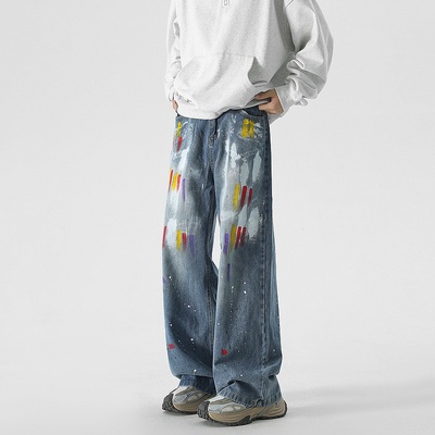 潮牌设计感泼墨涂鸦直筒牛仔裤