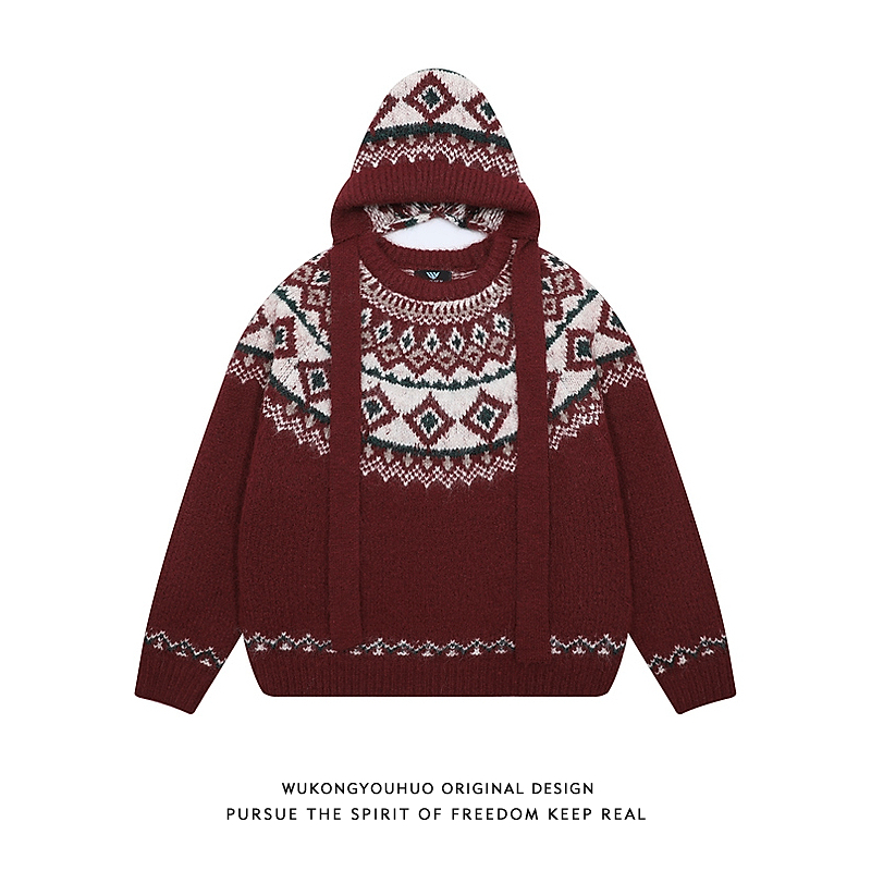复古红色费尔岛提花氛围感毛衣男