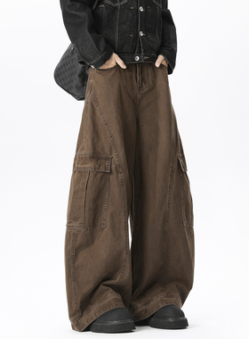 悟空有货潮牌美式解构拼接水洗弯刀工装裤男复古宽松阔腿休闲长裤