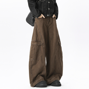 悟空有货潮牌美式解构拼接水洗弯刀工装裤男复古宽松阔腿休闲长裤