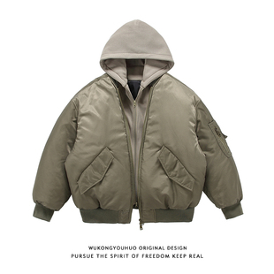 悟空有货冬季 街头宽松情侣百搭棉衣 假两件拼接飞行员棉服男女美式