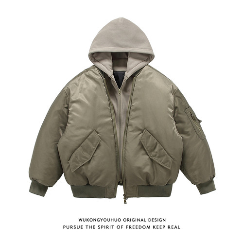 冬季假两件拼接飞行员棉服男女