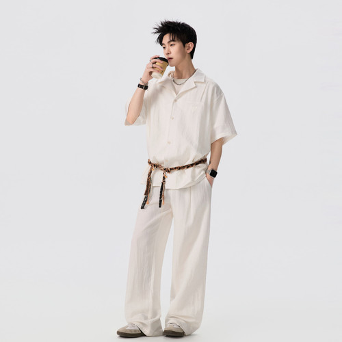 亚麻莱赛尔休闲套装男短袖衬衫
