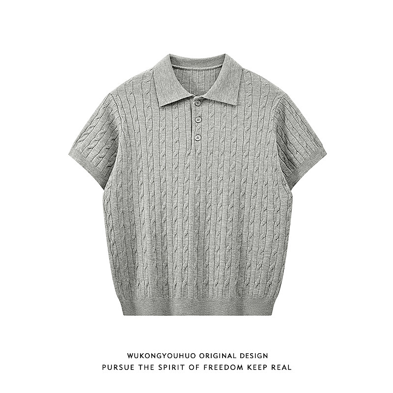 悟空有货街头复古扭花针织短袖POLO衫男潮牌宽松情侣高级T恤上衣