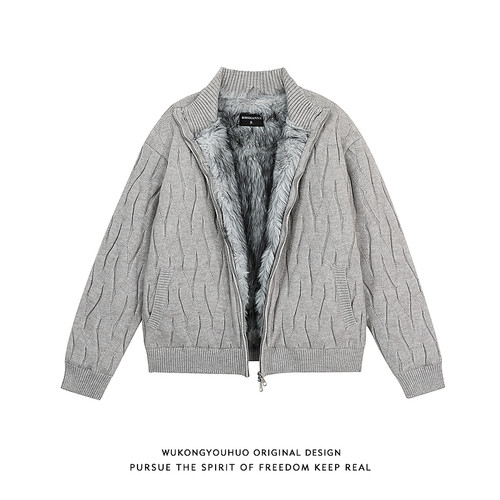 美式潮牌绞花立领针织棉服男女