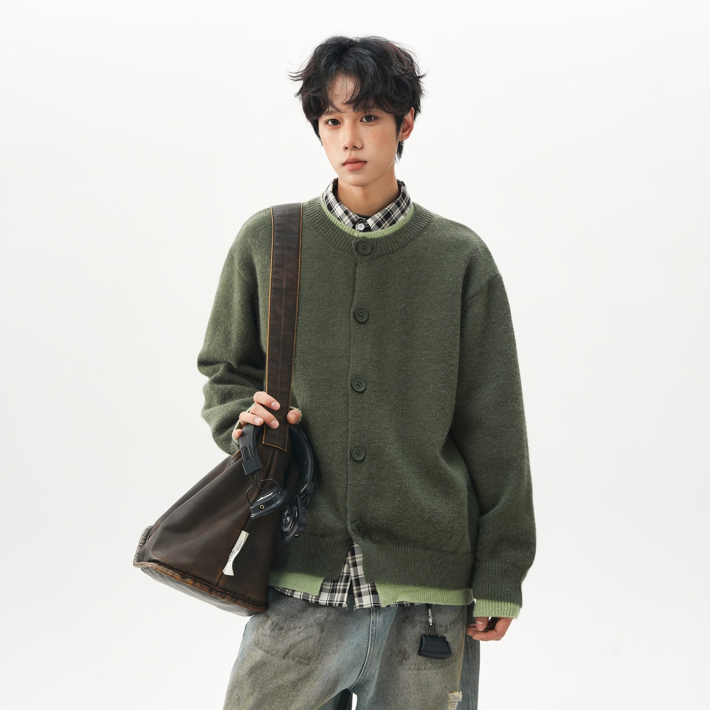 秋冬复古撞色假两件开衫毛衣男女