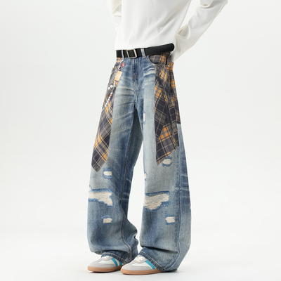 3D打印格子屁帘印花破洞牛仔裤男