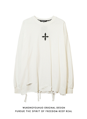 悟空有货潮牌美式复古破洞小众打底长袖T恤男复古宽松bf百搭上衣