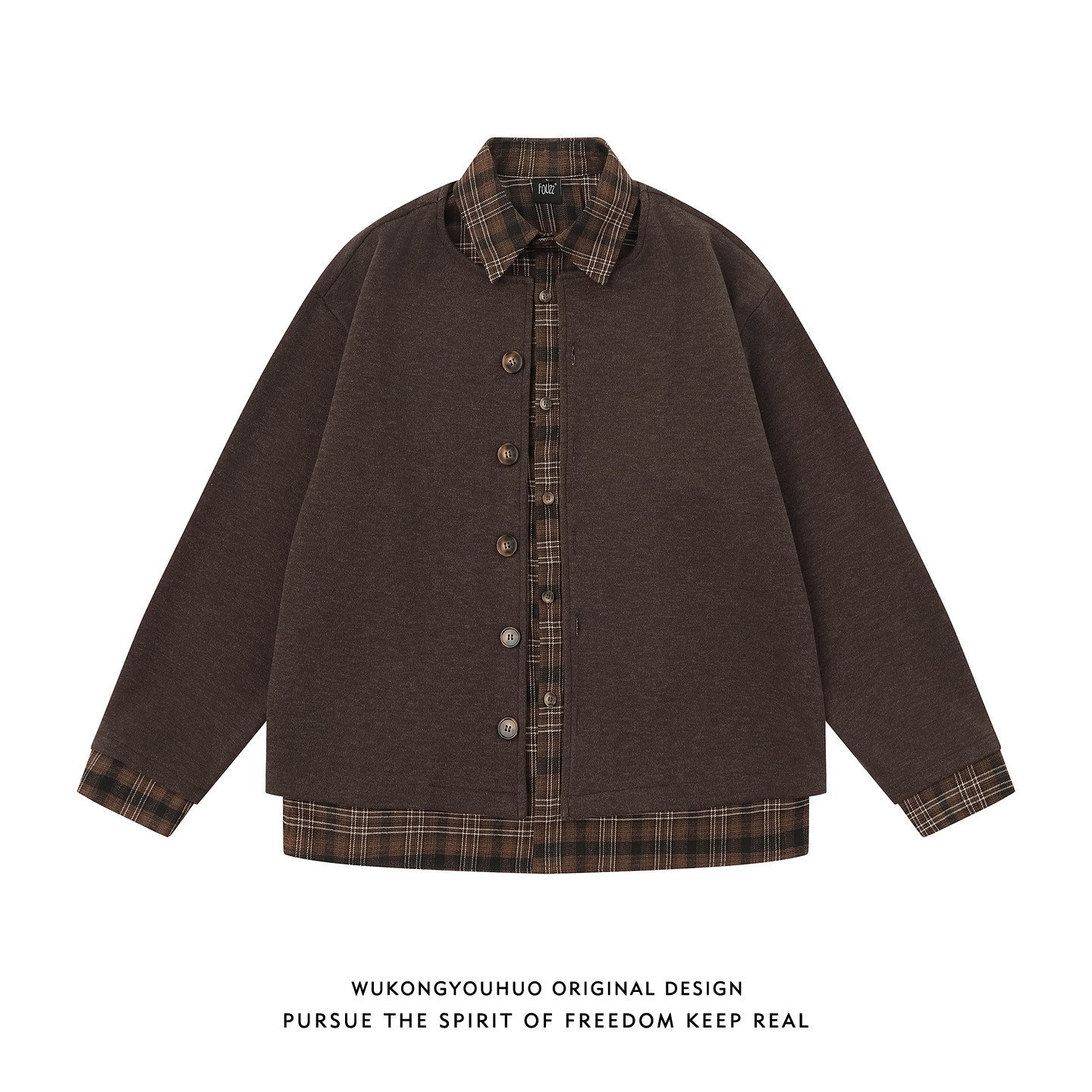 悟空有货潮牌美式格子假两件拼接翻领夹克男春季情侣宽松百搭衬衣