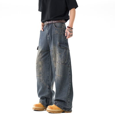 美式高街解构拼接水洗牛仔裤男