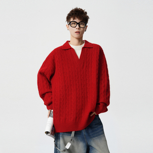 悟空有货潮牌复古麻花红色海鸥领毛衣男女秋季 情侣宽松休闲针织衫