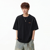 悟空有货美式 T恤男潮牌宽松情侣休闲百搭体恤 街头拼色辑明线短袖