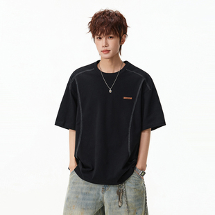 悟空有货美式 T恤男潮牌宽松情侣休闲百搭体恤 街头拼色辑明线短袖