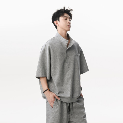 夏季亨利领短袖POLO衫套装男女