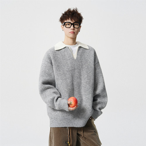 复古潮牌假两件拼接海鸥领针织衫