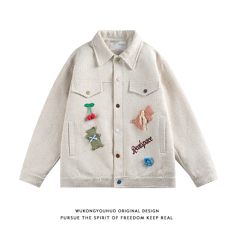 秋季复古小香风贴布翻领夹克男