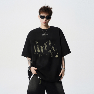 悟空有货潮牌美式复古印花圆领短袖T恤男女夏季宽松百搭半袖体恤