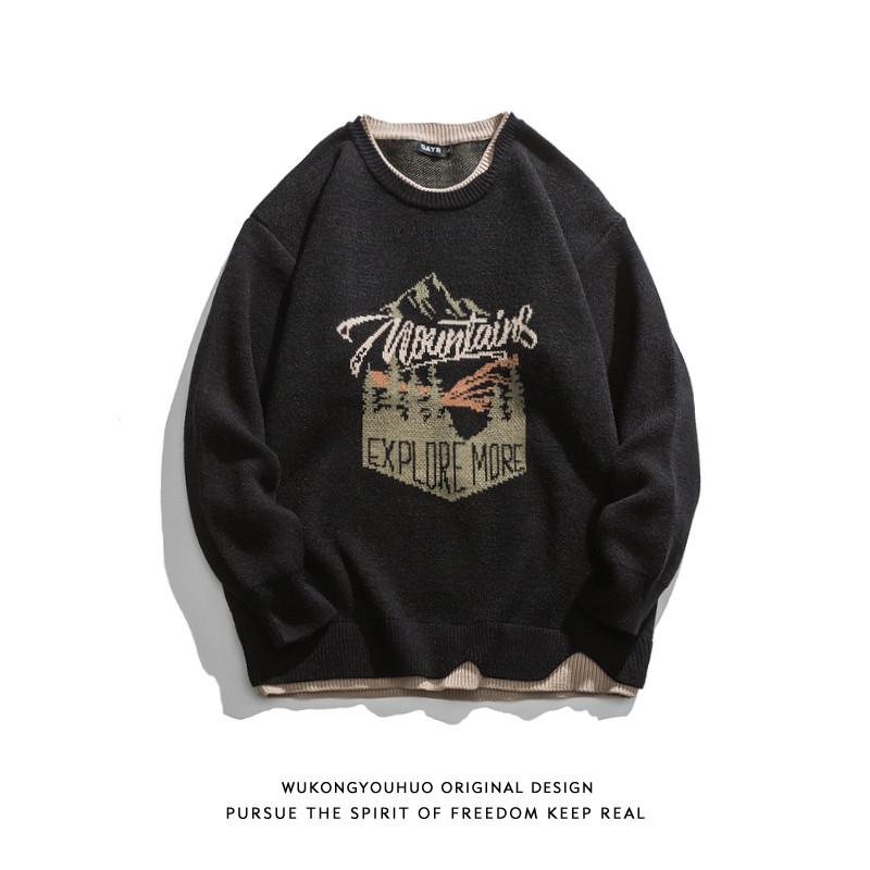 悟空有货美式复古印花假两件圆领针织衫男女潮牌宽松百搭休闲毛衣,男装,针织衫/毛衣,淘宝优惠券,粉丝福利购,淘宝优惠卷