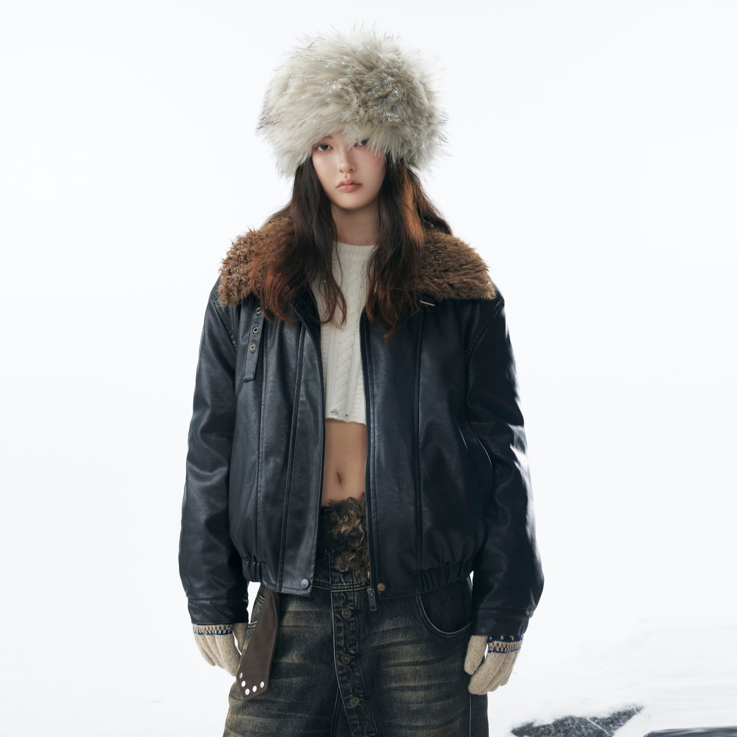 美式潮牌PU皮羊羔绒翻领皮衣棉服