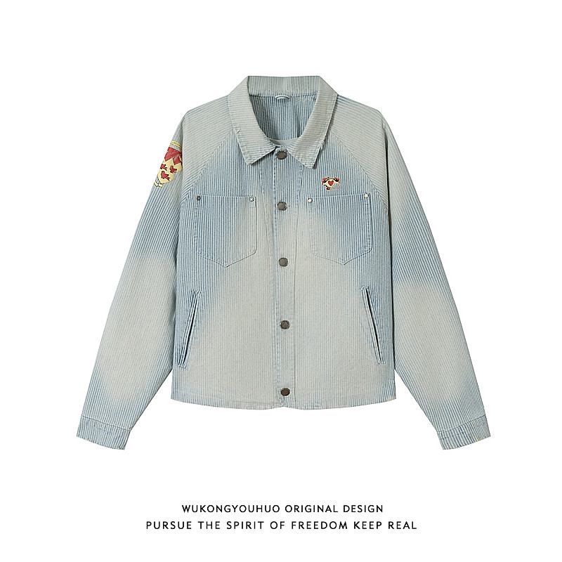 悟空有货美式潮牌刺绣条纹水洗牛仔外套男女复古宽松百搭短款夹克,男装,夹克,淘宝优惠券,粉丝福利购,淘宝优惠卷