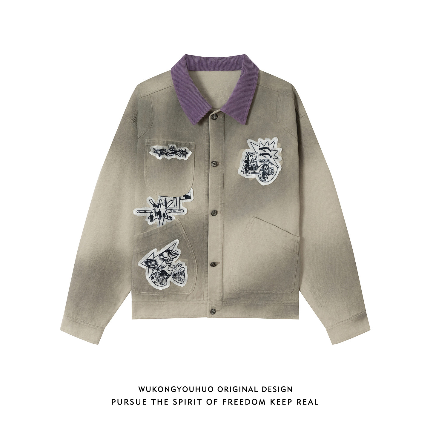 悟空有货美式小众喷绘贴布翻领夹克男女潮牌宽松情侣休闲百搭外套,男装,夹克,淘宝优惠券,粉丝福利购,淘宝优惠卷