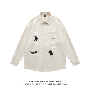 男女复古情侣宽松百搭衬衣 衬衫 悟空有货春季 潮牌简约小猫刺绣长袖