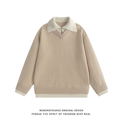 美式街头拼色假两件针织衫男