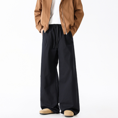 日系简约纯色宽松阔腿水洗工装裤