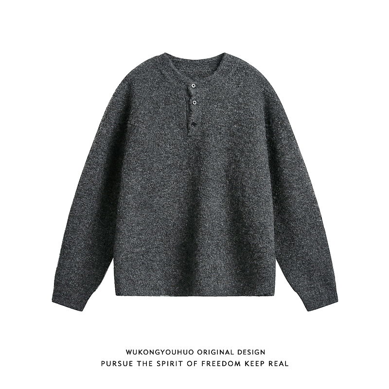 秋冬复古亨利领纯色针织衫男潮