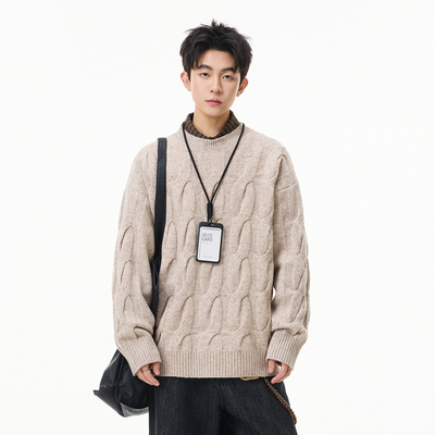 潮牌美式绞花圆领针织衫男