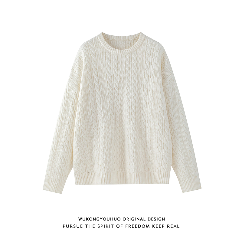 悟空有货秋冬复古纯色麻花圆领毛衣男潮牌bf慵懒风情侣套头针织衫