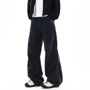 男复古宽松潮流百搭阔腿长裤 牛仔裤 水洗褶皱工装 悟空有货潮牌美式