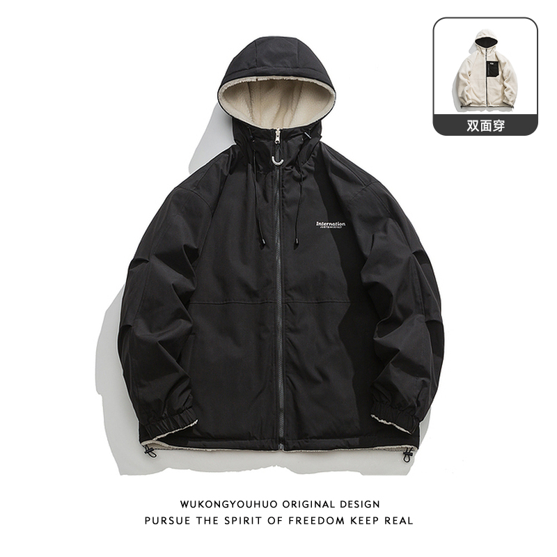 复古潮牌冬季羊羔绒连帽棉服男