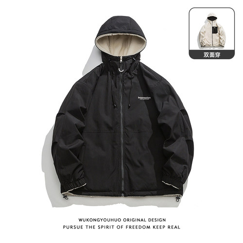 复古潮牌冬季羊羔绒连帽棉服男