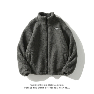 悟空有货复古简约贴标羊羔绒外套男潮牌街头宽松毛绒保暖情侣棉衣