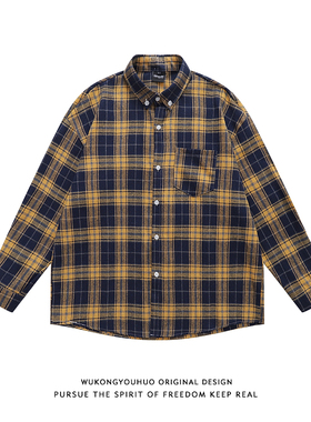 悟空有货秋季复古黄色格子翻领长袖衬衫男女潮牌宽松休闲衬衣外套