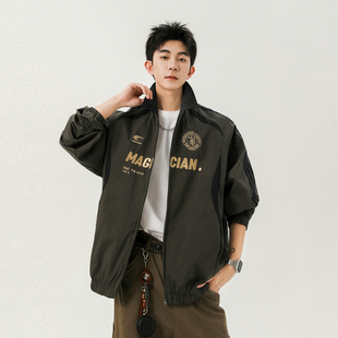 悟空有货美式 街头刺绣赛车风立领夹克男潮牌宽松休闲运动条纹外套
