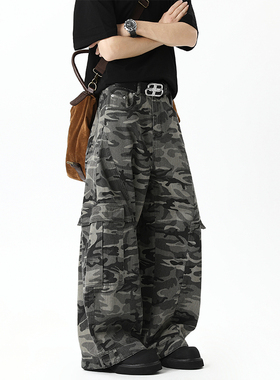 悟空有货美式复古多口袋工装迷彩裤男潮牌高街痞帅直筒阔腿弯刀裤