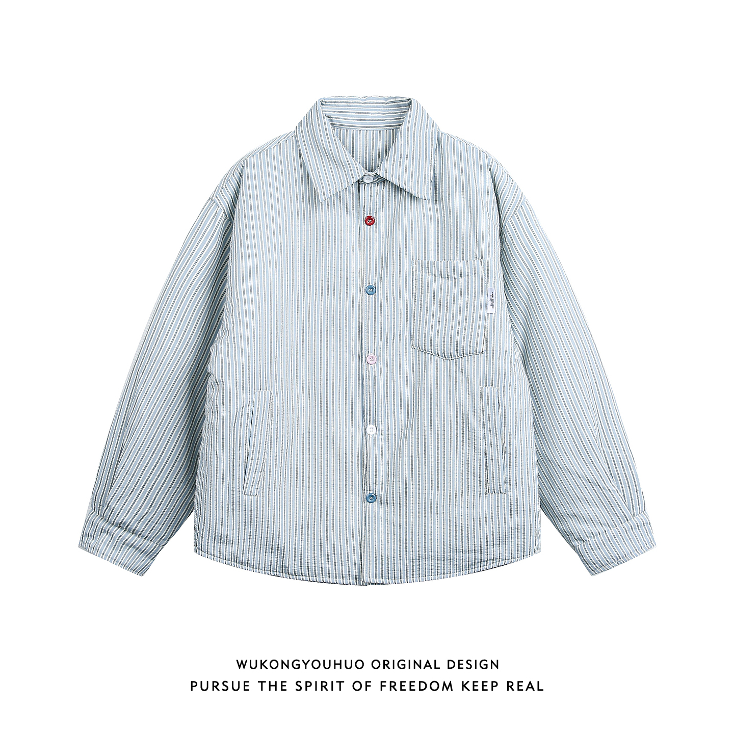 悟空有货复古竖条纹纽扣翻领棉服男潮牌冬季保暖情侣休闲棉衣外套