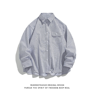 复古情侣宽松休闲百搭衬衣 男秋季 悟空有货潮牌日系竖条纹长袖 衬衫